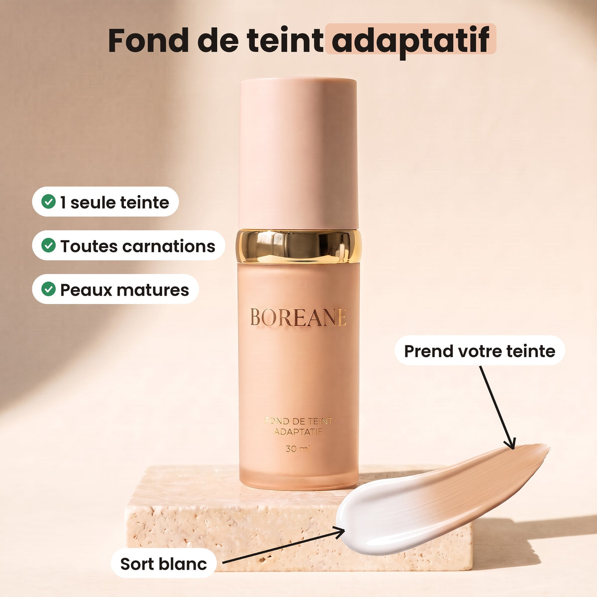 Fond de teint auto-adaptatif 30 ml – Ne marque pas les rides, zéro effet plâtre